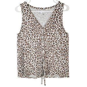 🟢2398 * Nine West Leopard Print Knot Front Sleeveless Top White Brown Size M